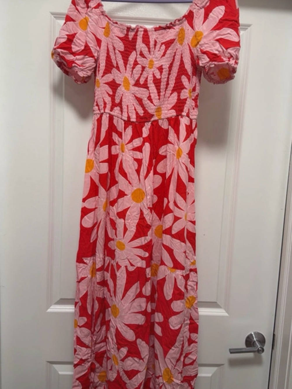 Floral Puff-Sleeve Maxi Dress in Red and Pink